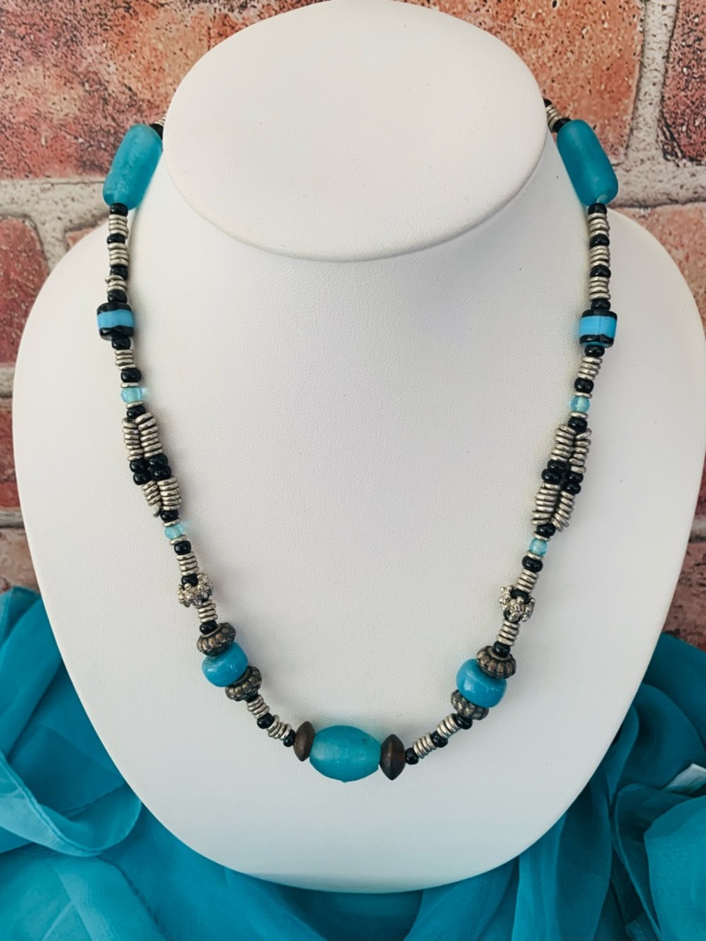 Blue Glass and Black Beaded Silver Accent Necklace